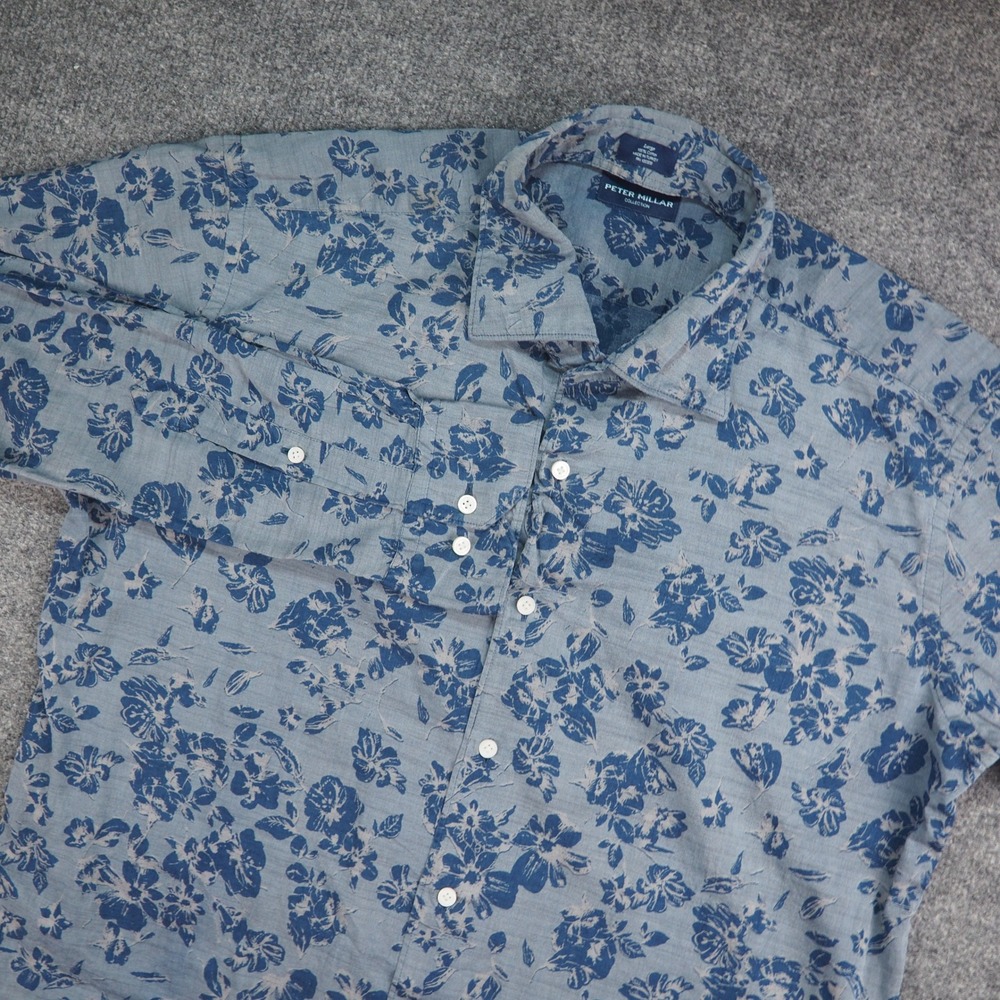 Peter Millar Shirt Mens Large Blue Floral Cotton Long Sleeve Button Up Tropical
